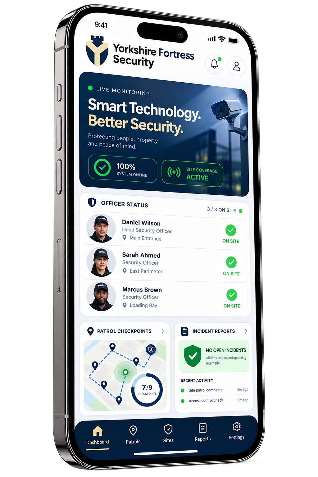 Fortress Control mobile security management app showing live officer status, patrol checkpoints and incident reports